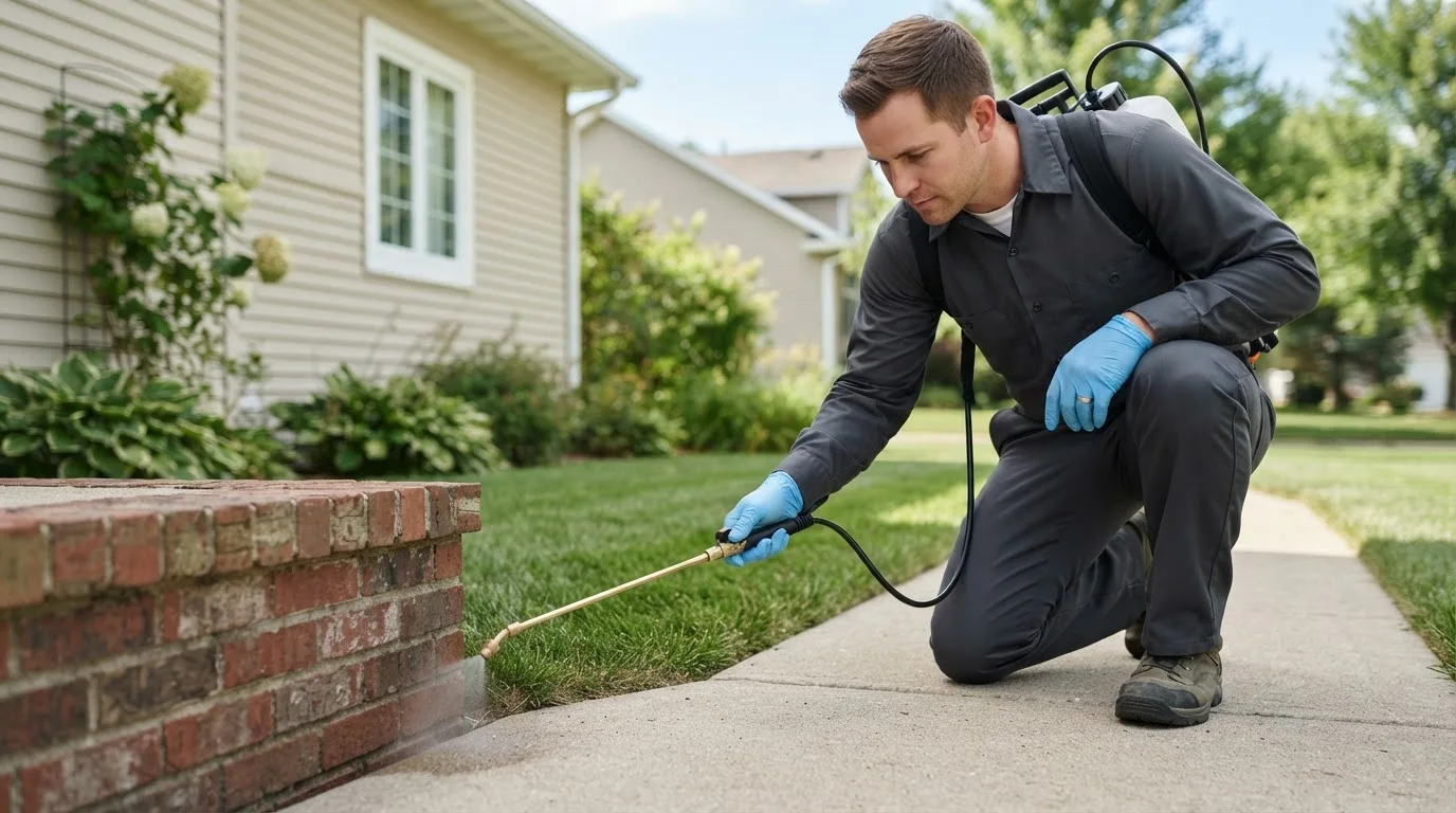 Pest control technician treating a home near Blakesburg, IA