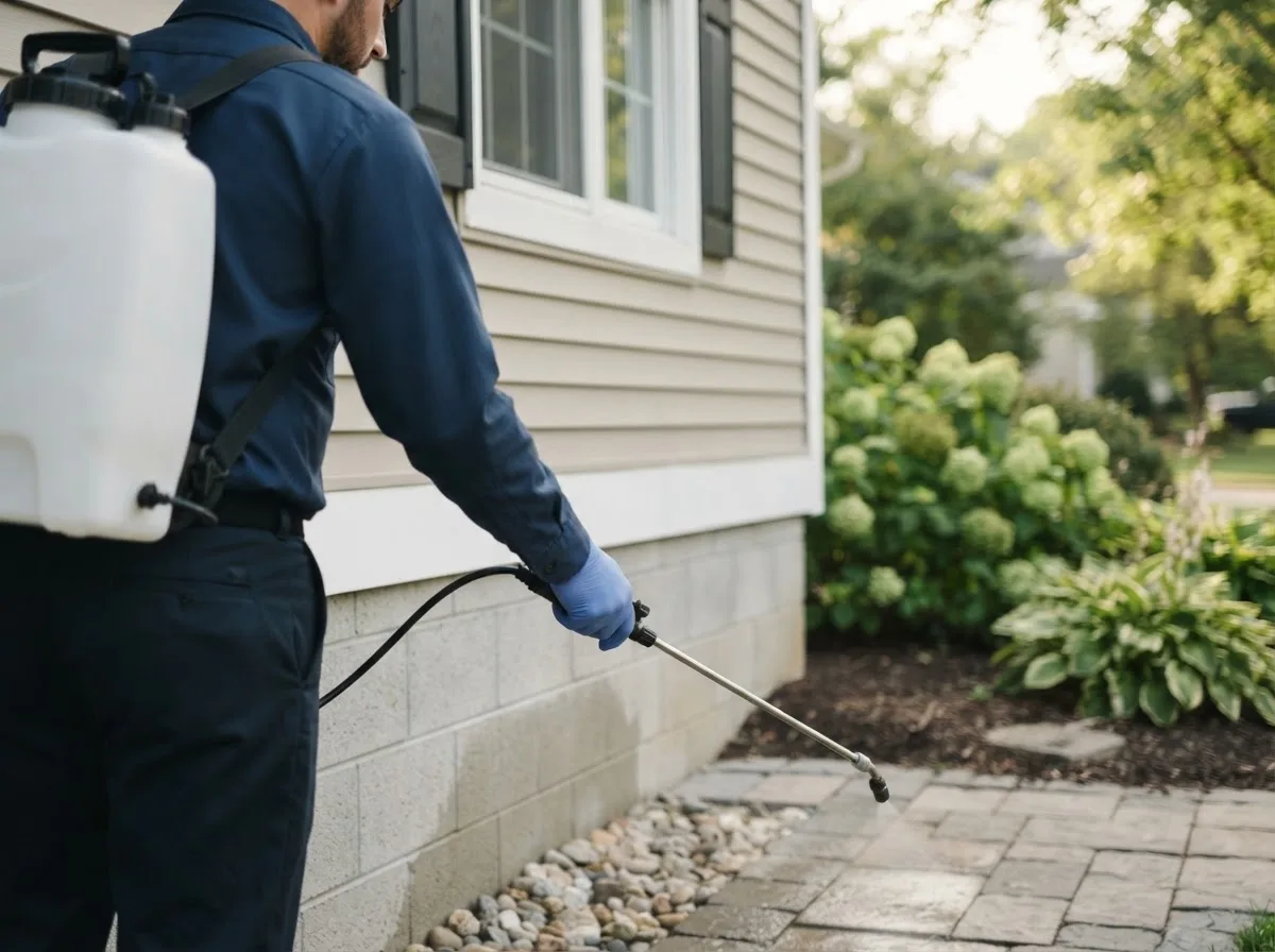 Pest control technician inspecting a home in Blakesburg, IA